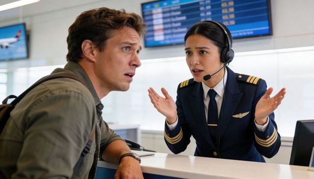 Anxious traveler leaning and listening at airline counter while agent explaining delay