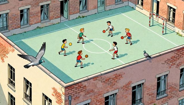 Boys playing ball on rooftop court in urban neighborhood, pigeons and sunny shadows