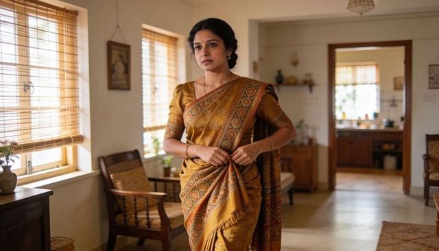 Indian woman standing in mustard saree gazing through bamboo blinds in sunlit living room