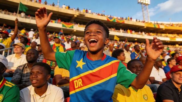 Young dr congo fan cheering and raising arms in packed stadium during match