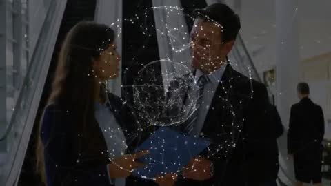 Business Professional Duo Networking with Digital Cloud Overlay