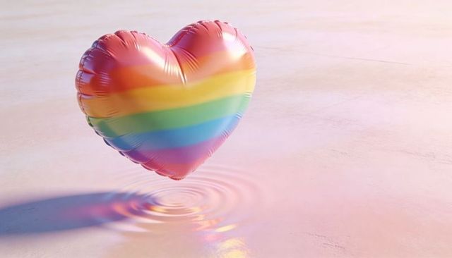 Floating heart-shaped rainbow foil balloon casting colorful ripples on soft pink surface