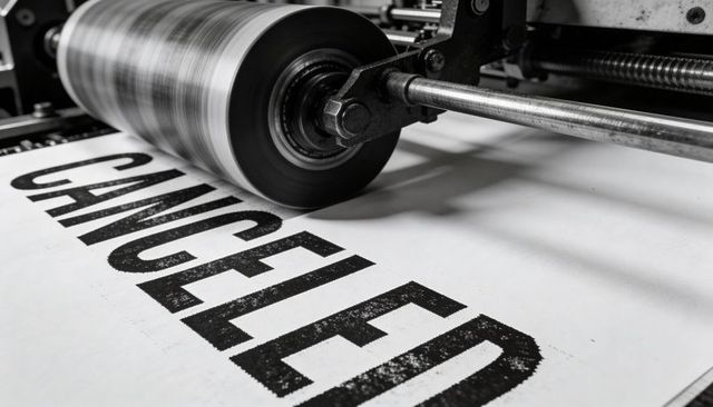 Rotating printing roller pressing bold canceled stamp on paper