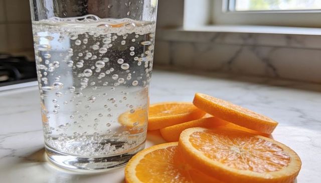 Sparkling water with fresh orange slices on marble countertop, close-up refreshing beverage