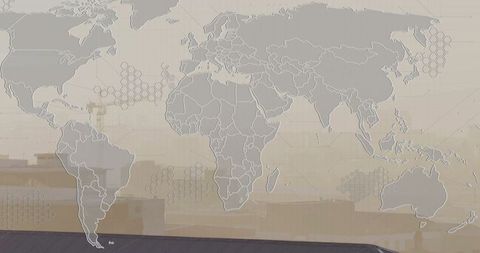 Stylized World Map Overlaid on Urban Skyline with Hexagonal Patterns