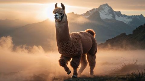 Majestic brown llama exploring sunrise mountain landscape