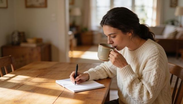 Woman sipping mug while journaling at sunlit wooden table in cozy modern home interior