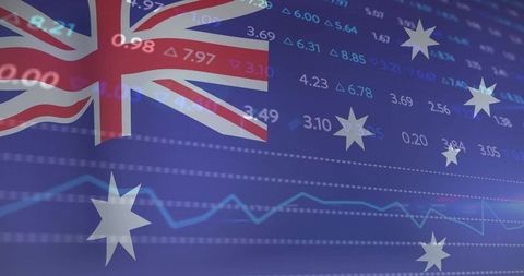 Australian flag merging with stock market tickers and financial data visualization