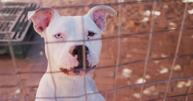 Portrait of white dog standing behind fence in sunny dog shelter. Animals, support and temporary home, unaltered.