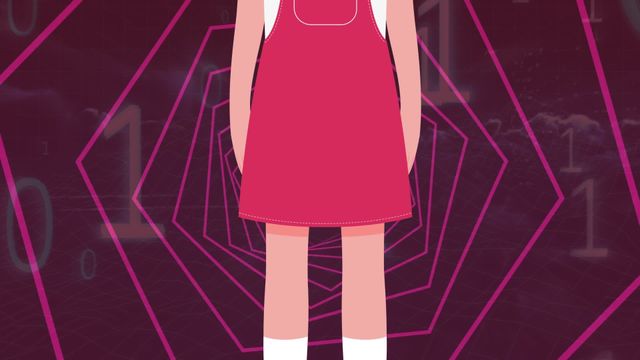 Captivating animation showcasing a girl standing in a digital grid. Surreal and conceptual visual mans this could be suitable for digital art projects, promotional materials on technology, educational content about social media networking, or artistic designs exploring virtual reality concepts.