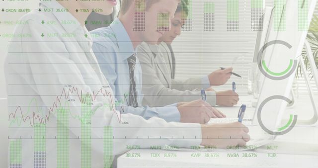 Image of financial data processing over diverse business people using computer at office - Download Free Stock Photos Pikwizard.com