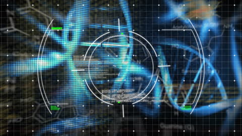 Digital Scan with Rotating DNA Structures in Futuristic Interface