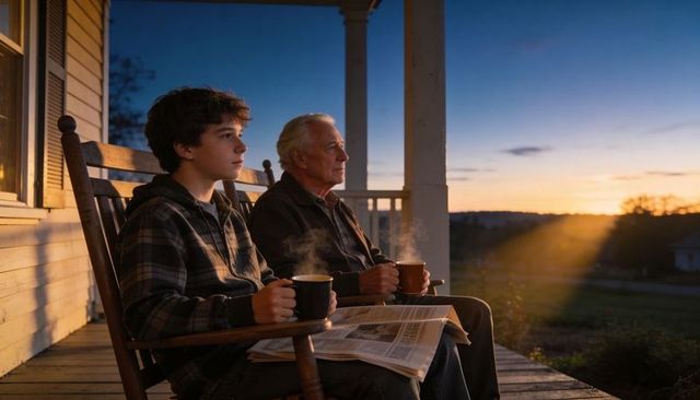 Grandfather and grandson sharing quiet sunset coffee moment on rustic porch