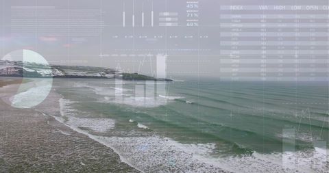 Futuristic data visualization over ocean landscape