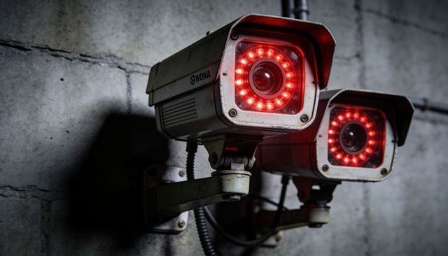 Close-up cctv cameras with red infrared leds mounted on concrete wall, security concept