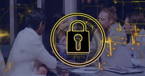 Business team collaborating on cybersecurity strategy with digital padlock and network encryption