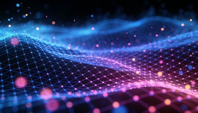 Undulating neon wireframe mesh representing digital network and data flow