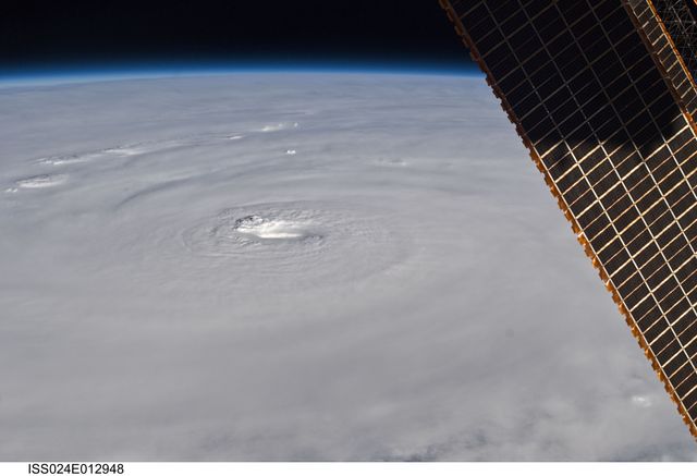 Photo of Hurricane Earl taken from the International Space Station on August 30, 2010. Ideal for use in articles or documentaries about weather phenomena, natural disasters, space exploration, and climate studies.