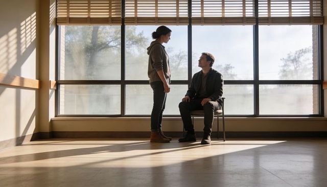 Standing woman confronting seated man in sunlit modern hallway