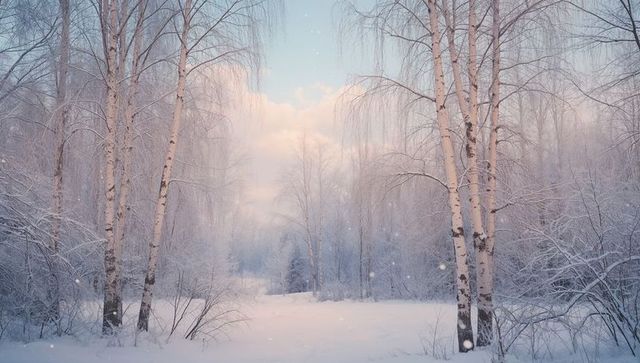 Sunlit Winter Birch Clearing with Soft Pastel Sky and Falling Snowflakes, Frosty Woodland