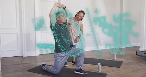 Ar fitness coaching guiding trainer and kneeling client through assisted stretch with hud