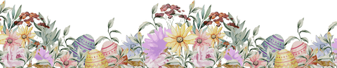 Spring blooms and easter eggs transparent watercolor decorative border