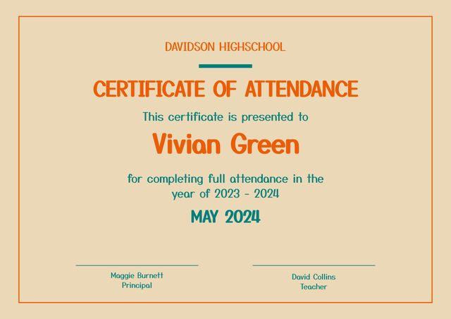 This classic certificate is ideal for recognizing students for full attendance. Bright and clear design is perfect for teachers and school administrators looking to acknowledge their students' dedication. Can be easily customized and printed for school ceremonies and events.