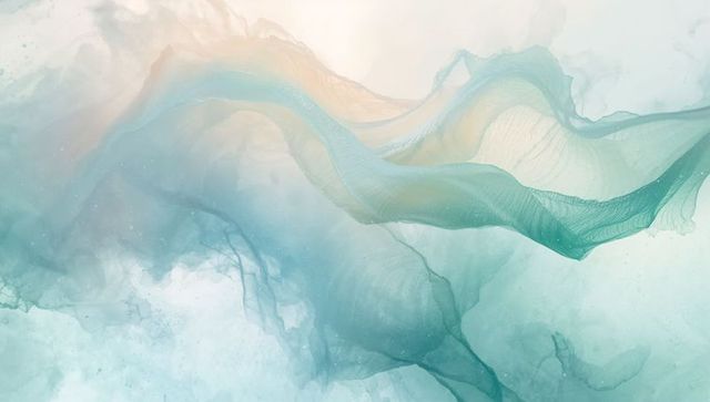 Flowing teal and peach abstract ribbon undulating with translucent watercolor waves