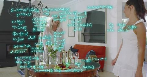 Daughter and senior mother talking beside table with wine while neon equations overlay room