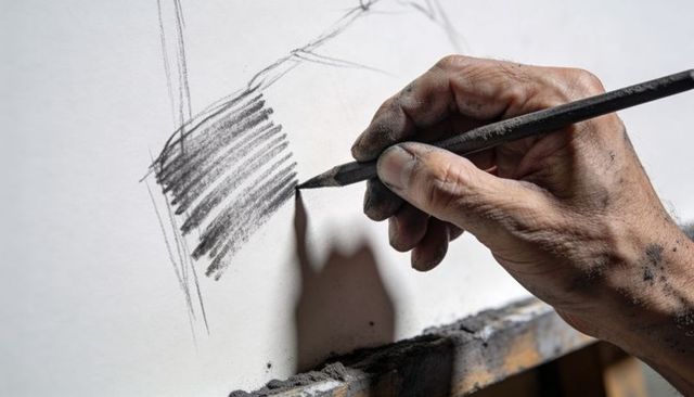 Charcoal hand sketching bold hatching strokes on paper close-up for art technique