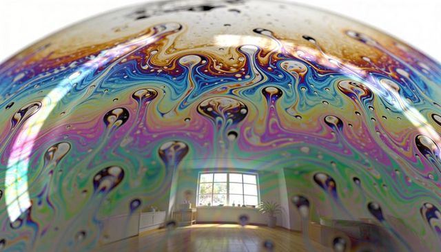 Iridescent soap bubble surface reflecting living room window, rainbow thin-film patterns