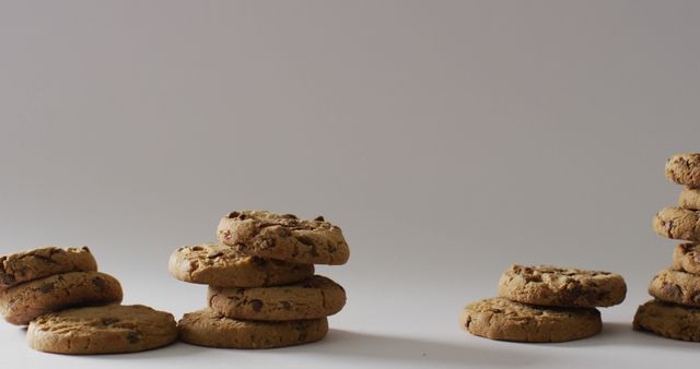 Image of three stacks of chocolate chip cookies on pale grey background with copy space. sweet, tasty snack food treat.