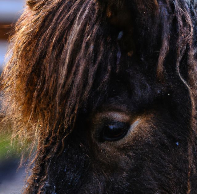 This image features a close-up view of a horse's eye with its dark, fluffy mane taking up much of the frame. Ideal for subjects involving horses, farm life, and nature. Perfect for use in marketing materials, educational content about animals, or promoting rustic countryside lifestyles.