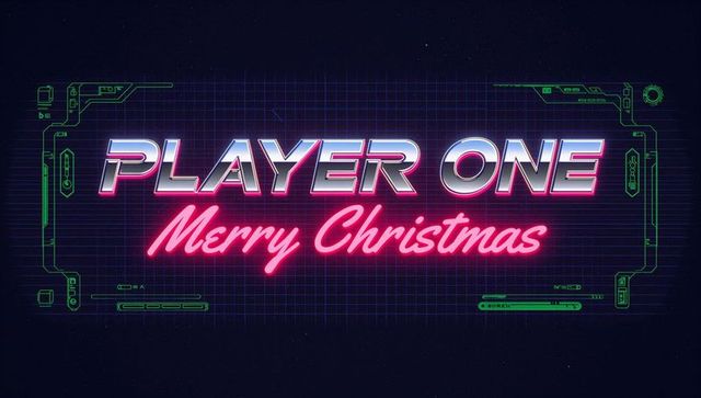 Retro futuristic neon player one merry christmas cyberpunk synthwave arcade typography