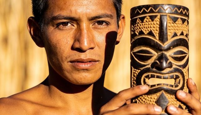 Young man holding carved tiki cup closeup portrait in golden hour light