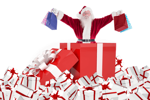 Transparent Santa Standing in Large Red Gift Box with Shopping Bags