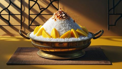 Artisanal brass bowl with mango and coconut rice on yellow table, vishu festival