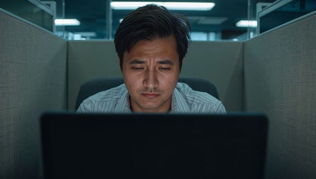 Asian man working late in cubicle studying laptop under fluorescent office lights showing focus