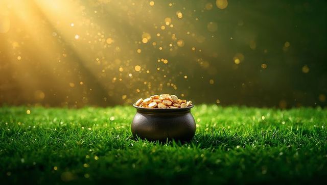 Pot of gold on lush grass with glowing coins and golden sunlight bokeh