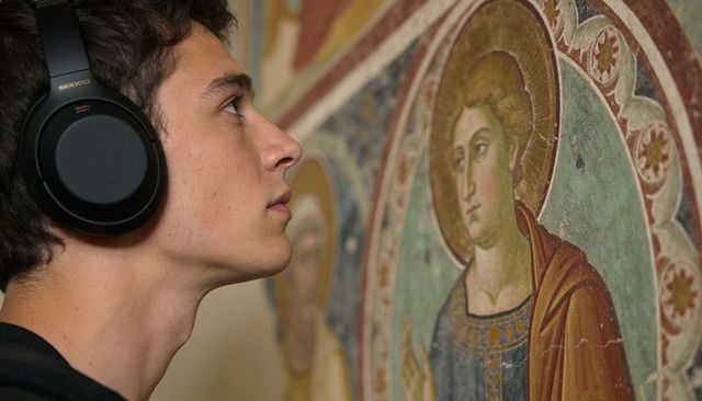 Gazing teen with headphones contemplating byzantine-style fresco in museum gallery, close-up