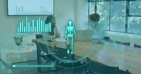 Business team analyzing holographic medical data and 3d skeleton hud in modern boardroom
