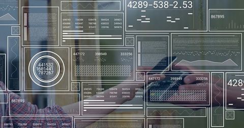 Colleagues Typing on Laptop with Augmented Analytics HUD Overlays and Data Dashboards