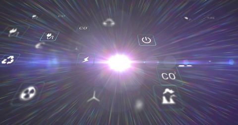 Radiating energy flare with floating power and co2 icons neon holographic interface