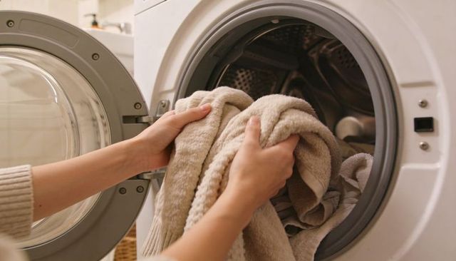 Hands loading beige towels into front-load washer for home laundry and linen care