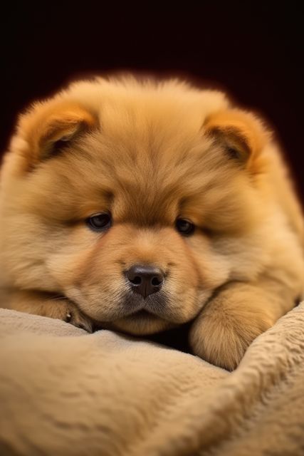 Portrait of cute chow chow puppy lying on blanket, created using generative ai technology. Animal, puppy, pet and dog concept digitally generated image.