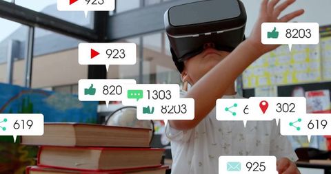 Child engaging with virtual reality and social icons in classroom