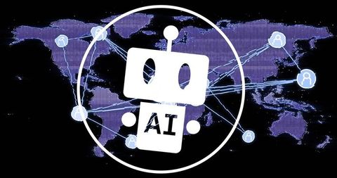 Global ai robot icon over neon world map connecting nodes for tech data cybersecurity