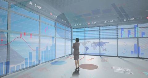 Businesswoman Analyzing Global Financial Data Projections