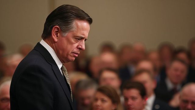 Corporate leader adjusting tie before addressing audience at formal conference