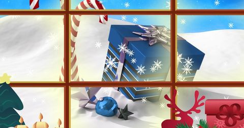 Christmas gifts and candy canes in winter wonderland view